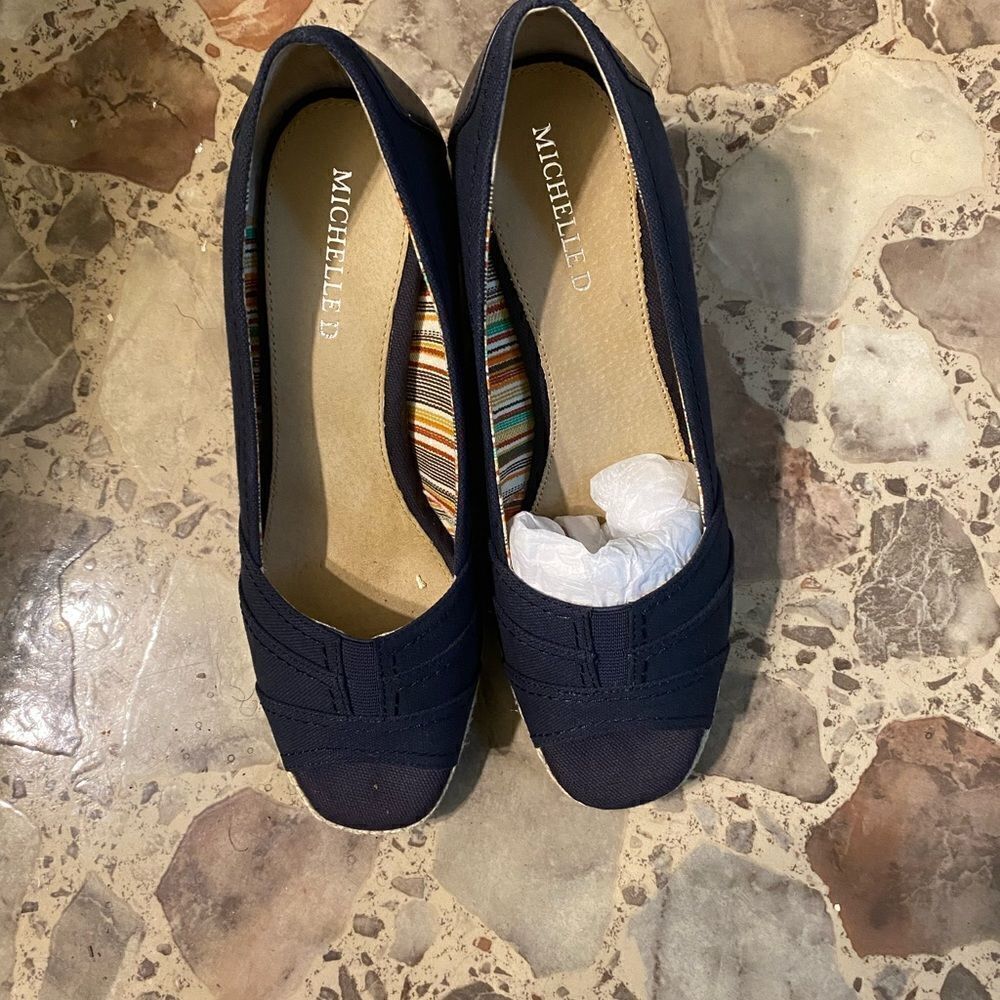 Michelle D Navy Peep Toe Espadrille Wedges, size 9